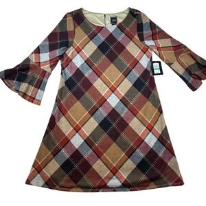 JH Womens Plaid dress Hacci  Knit Bell Sleeve Shift L NEW cozy academia mod